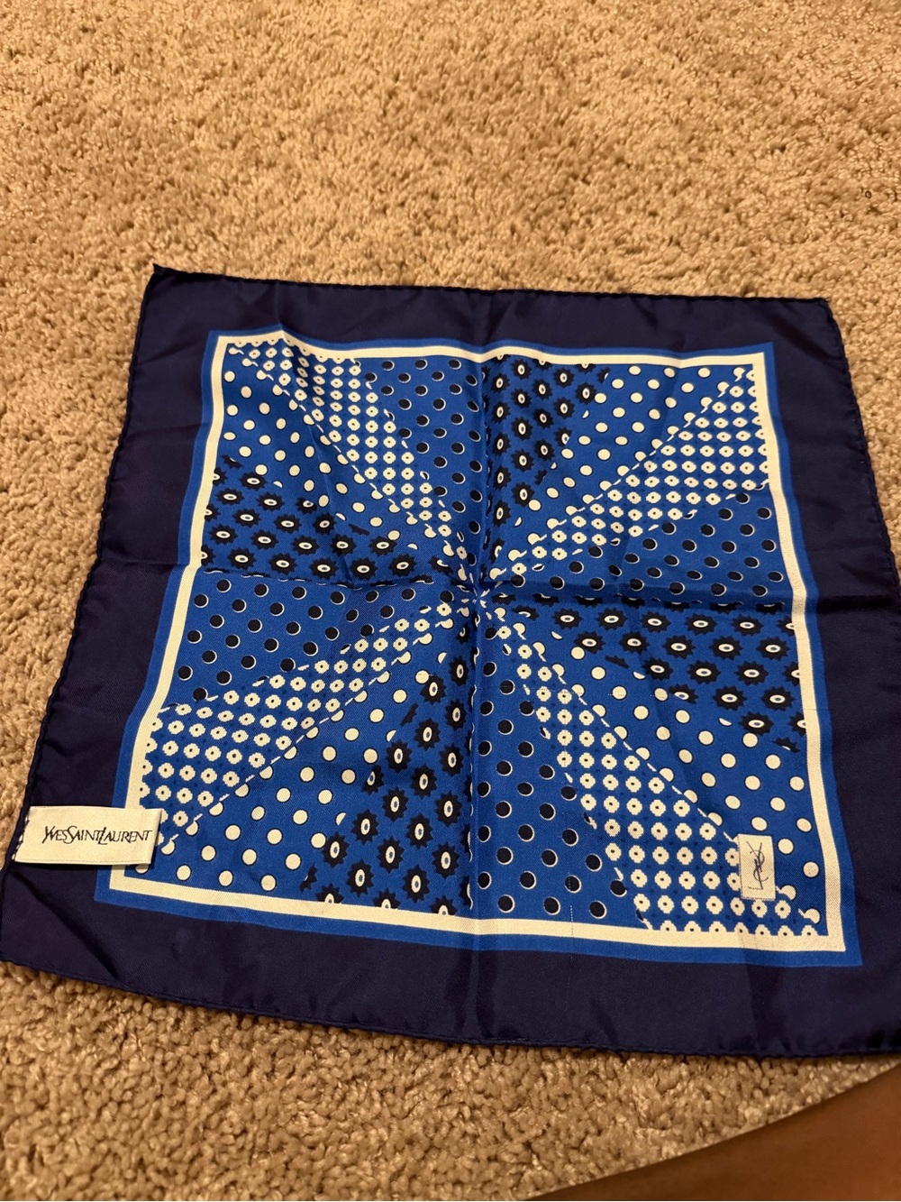 Yves Saint Laurent Blue and White Polka Dot Silk Scarf